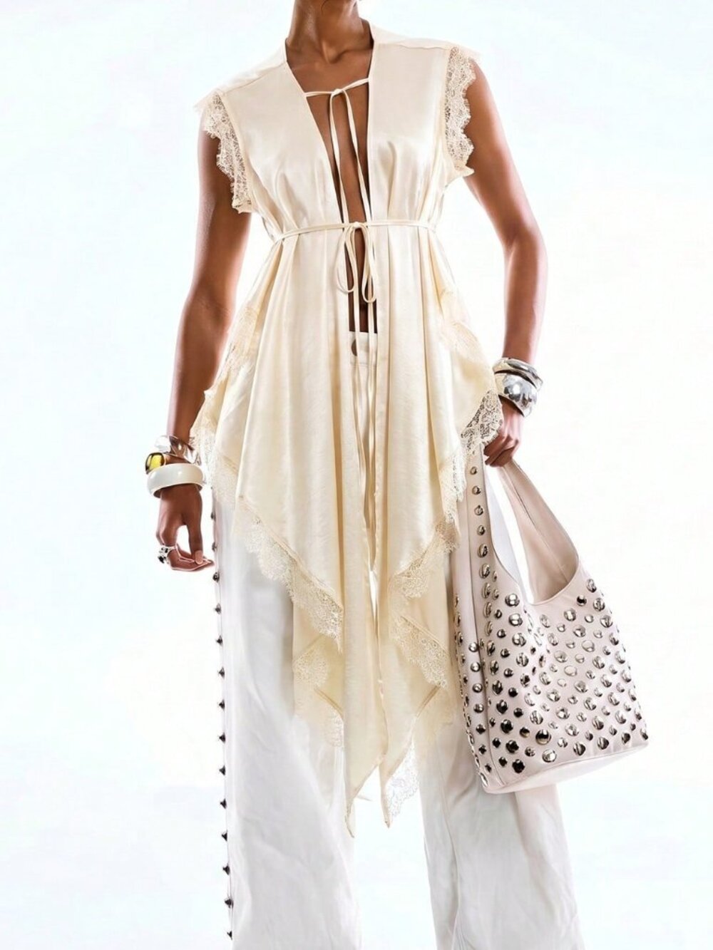 Beige Casual Women's Minimalist Lace Patchwork Asymmetrical Hem Sleeveless Top - Picture 3 of 6